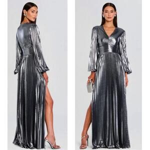 RETROFETE Malia Long Sleeve Pleated Ruched Metallic Deep V Maxi Dress Sz XS